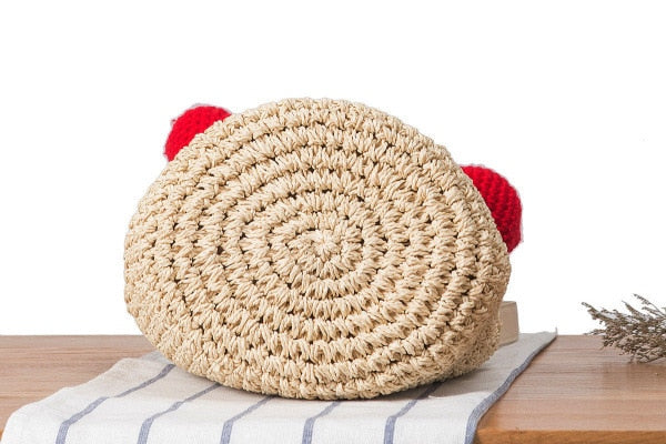 Arrival Summer Designer Cherry Straw Bucket Bag Women Pompom Hand-Woven Drawstring Shoulder Bag Girl Beach Bag Shopper Bolso