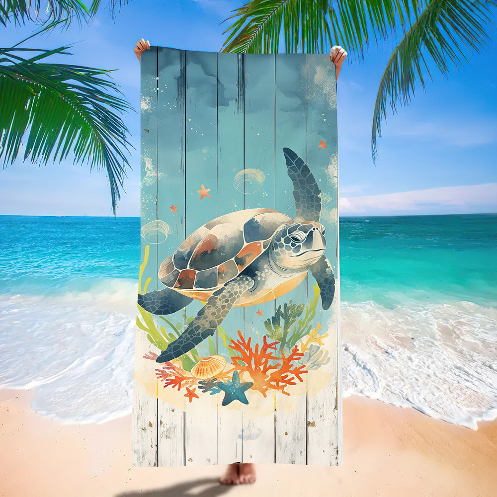 Ocean Turtle Pattern Beach Towel Ultra-Fine Fiber Quick-Dry Double-Sided Fleece Bath Towel Sand Blanket