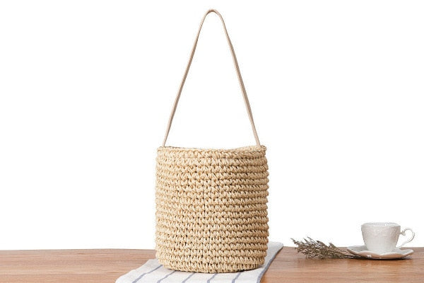 Arrival Summer Designer Cherry Straw Bucket Bag Women Pompom Hand-Woven Drawstring Shoulder Bag Girl Beach Bag Shopper Bolso