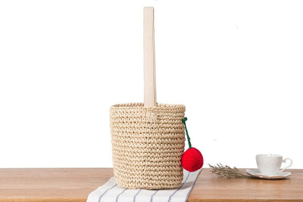 Arrival Summer Designer Cherry Straw Bucket Bag Women Pompom Hand-Woven Drawstring Shoulder Bag Girl Beach Bag Shopper Bolso
