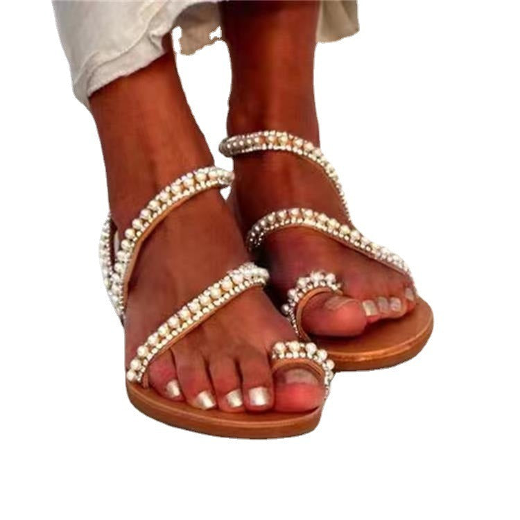 Sandals Women's Flat Bottom Rhinestone Large Beach Shoes