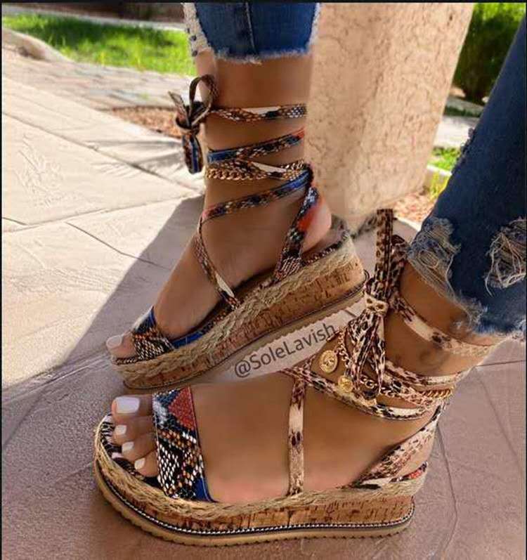 Sandals Women's New Thick Bottom Strappy Snake Print Sandals Large Size Shoes