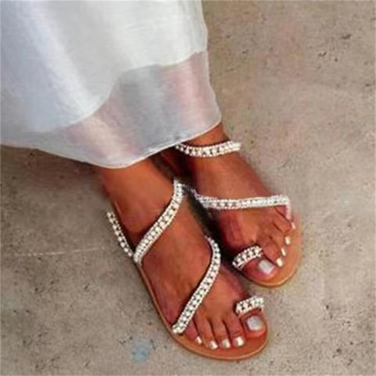 Sandals Women's Flat Bottom Rhinestone Large Beach Shoes