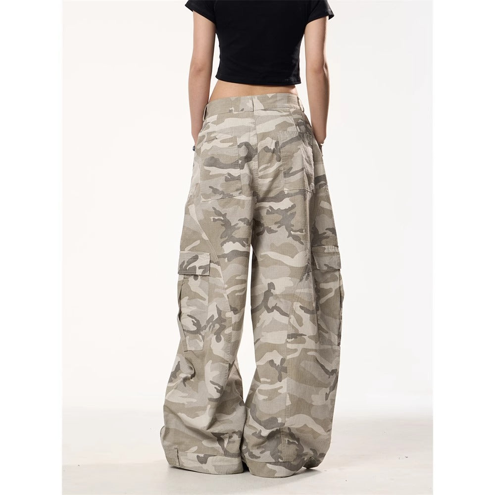 High Street Retro Camouflage Cargo Denim Pants Women Loose Casual Sport Straight Leg Long Trousers Trendy