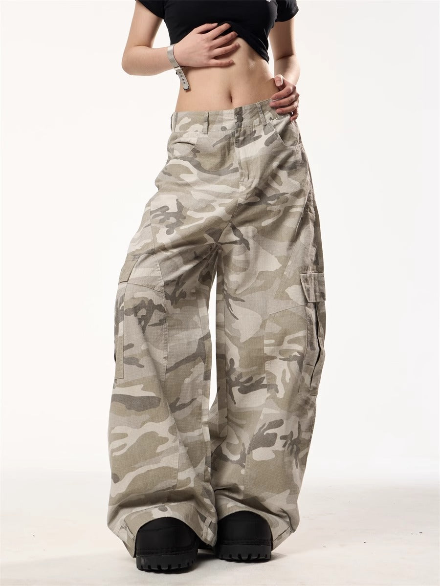 High Street Retro Camouflage Cargo Denim Pants Women Loose Casual Sport Straight Leg Long Trousers Trendy