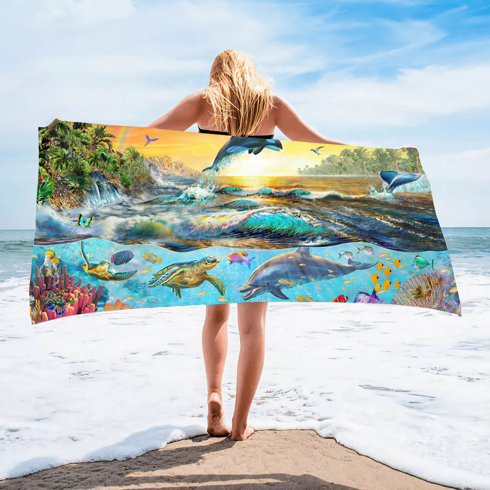 Ocean Turtle Pattern Beach Towel Ultra-Fine Fiber Quick-Dry Double-Sided Fleece Bath Towel Sand Blanket