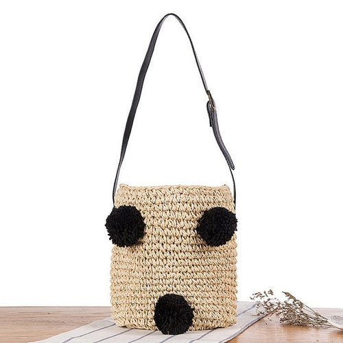 Arrival Summer Designer Cherry Straw Bucket Bag Women Pompom Hand-Woven Drawstring Shoulder Bag Girl Beach Bag Shopper Bolso