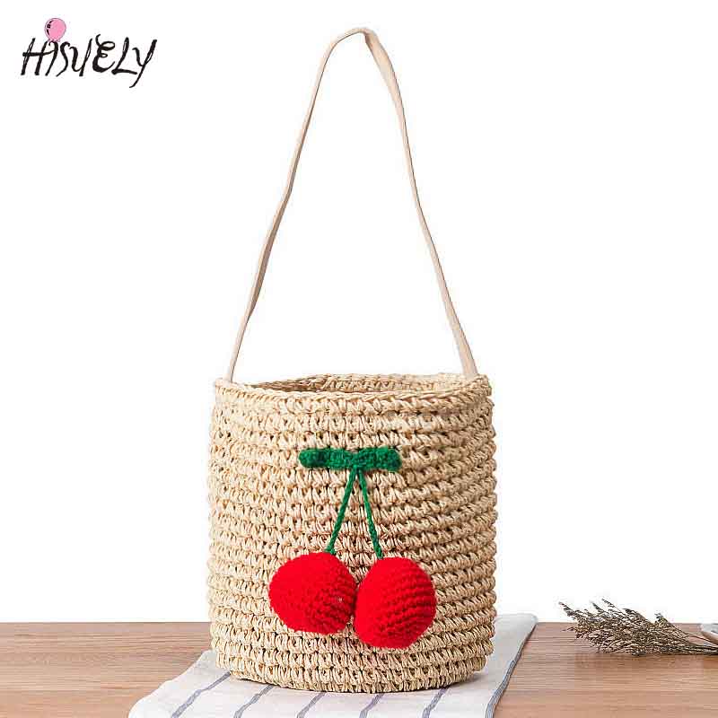 Arrival Summer Designer Cherry Straw Bucket Bag Women Pompom Hand-Woven Drawstring Shoulder Bag Girl Beach Bag Shopper Bolso