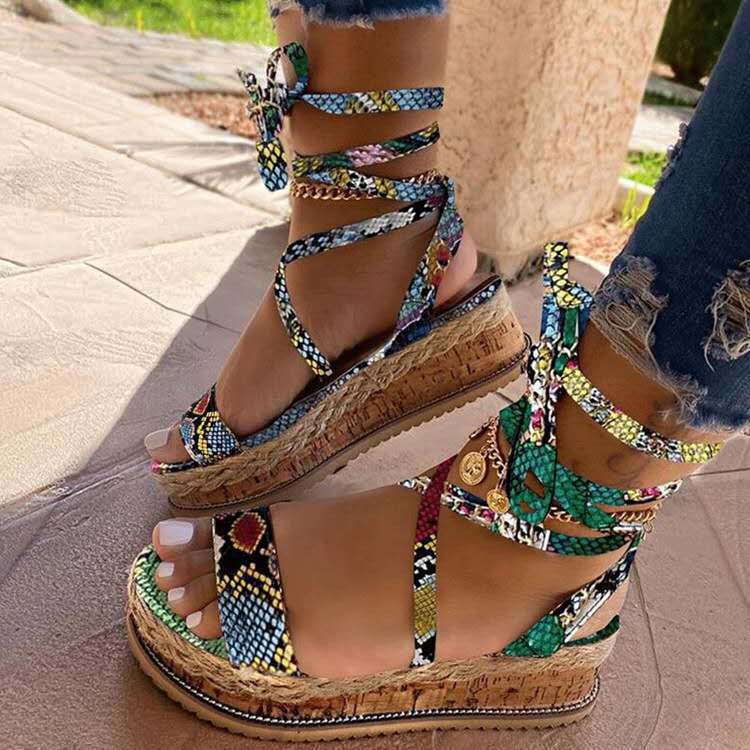 Sandals Women's New Thick Bottom Strappy Snake Print Sandals Large Size Shoes